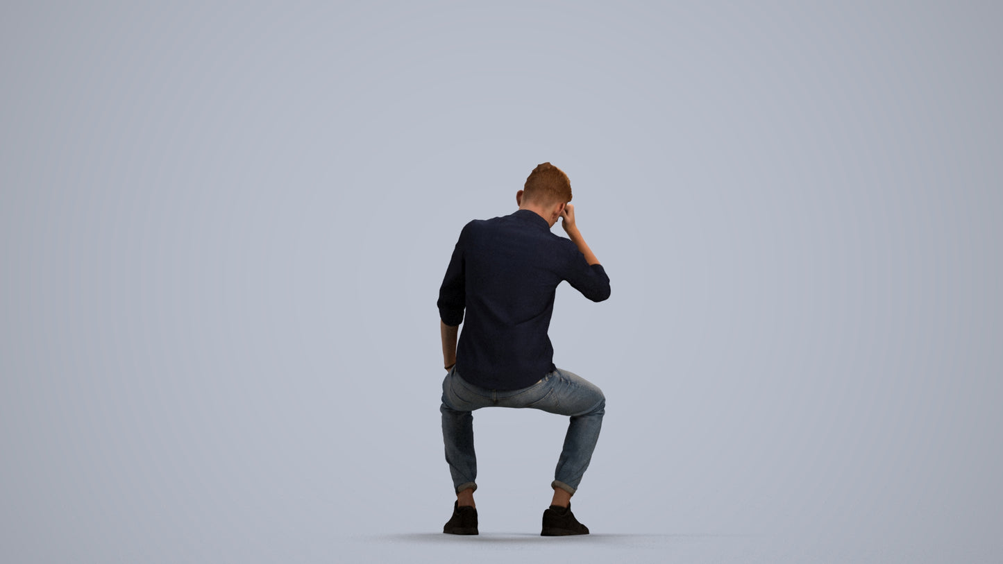 3D people model man casual sitting, scanned human for 3ds Max rendering, front view render