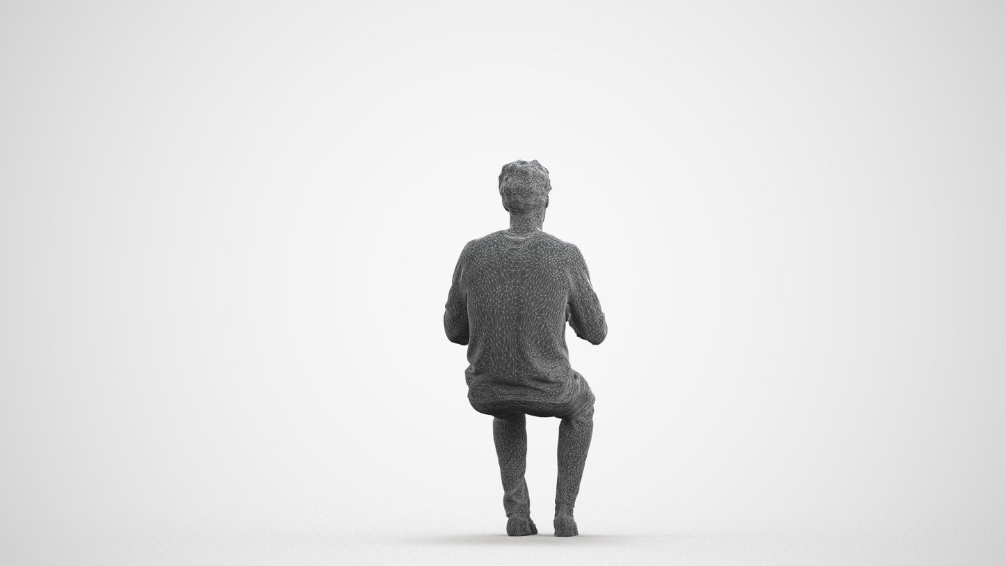 scanned 3D man casual sitting, photogrammetry people for Enscape and V-Ray, wireframe front view