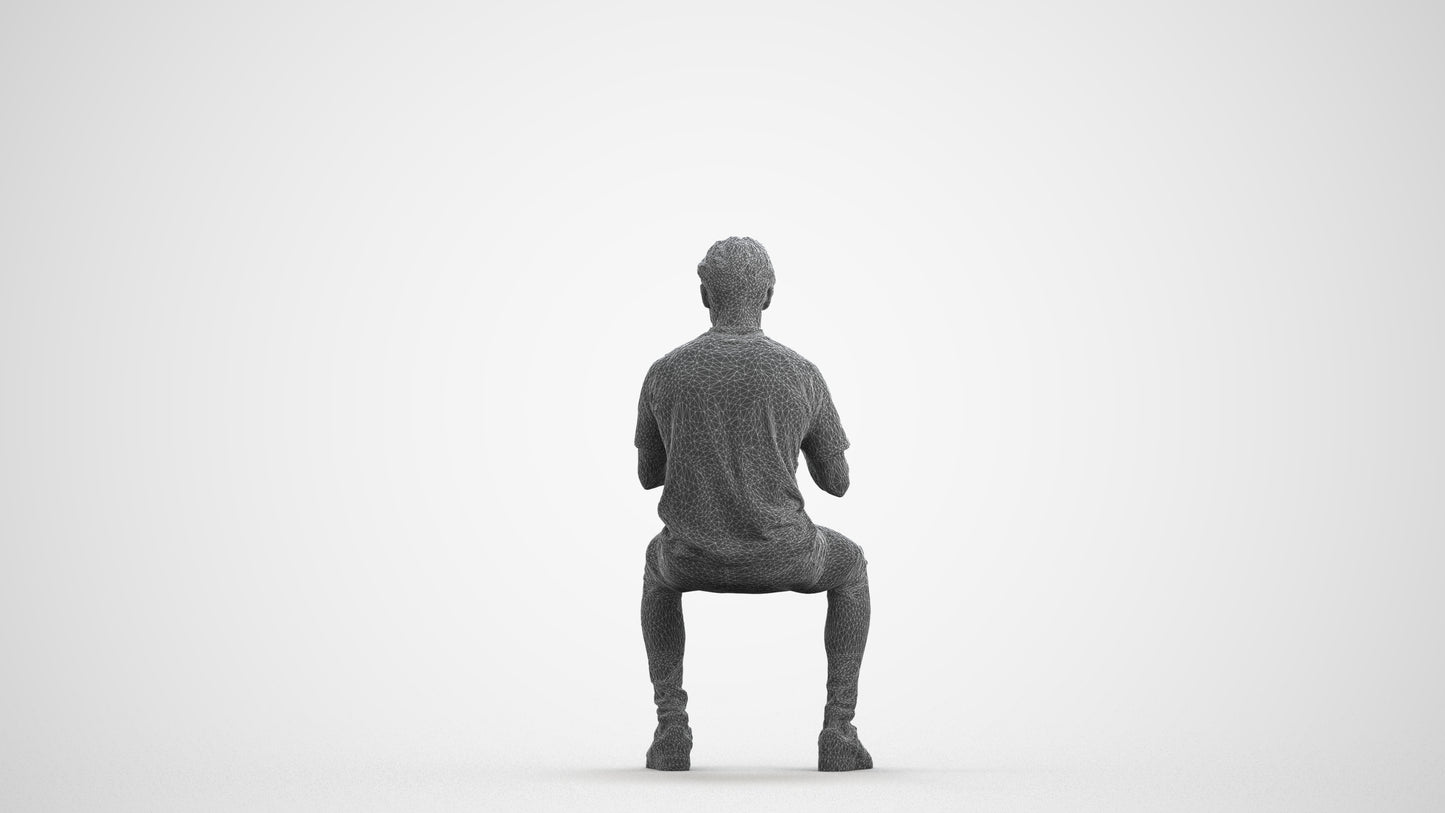 3D human model man casual sitting, photogrammetry scanned person for archviz, wireframe front view