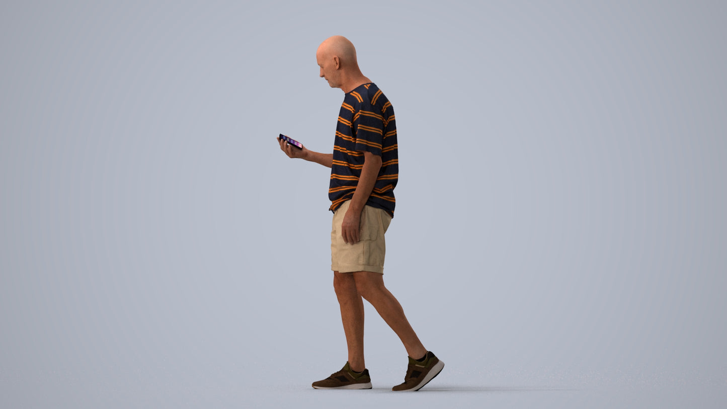 scanned 3D senior man casual walking, photogrammetry people for Enscape and V-Ray, three-quarter view render