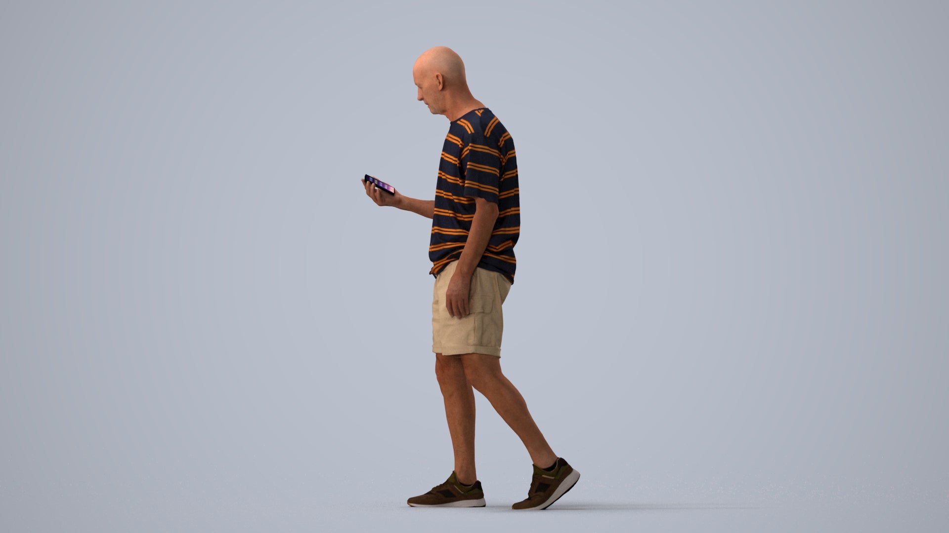 scanned 3D senior man casual walking, photogrammetry people for Enscape and V-Ray, three-quarter view render