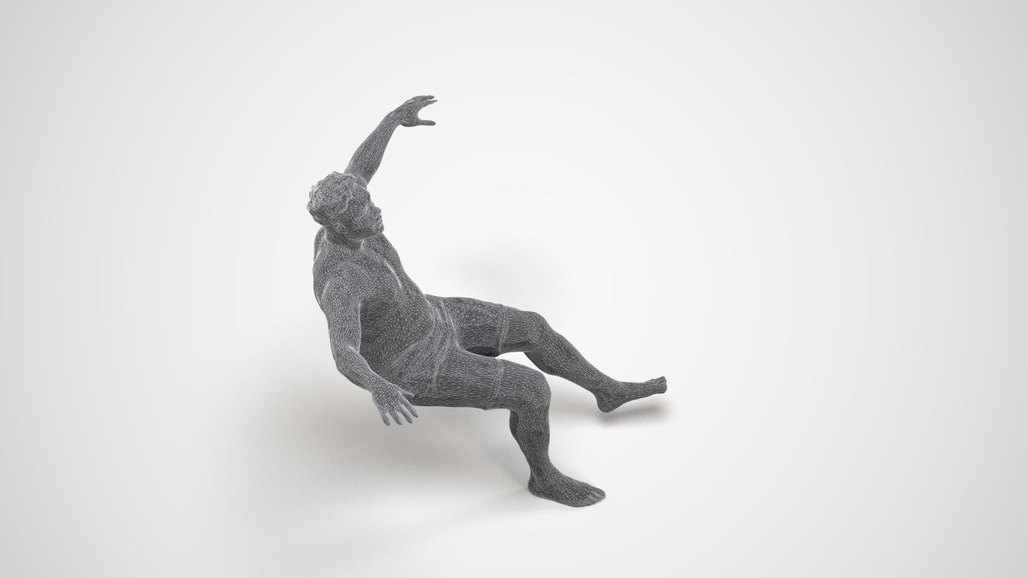 3D human model man pool, photogrammetry scanned person for archviz, wireframe three-quarter view