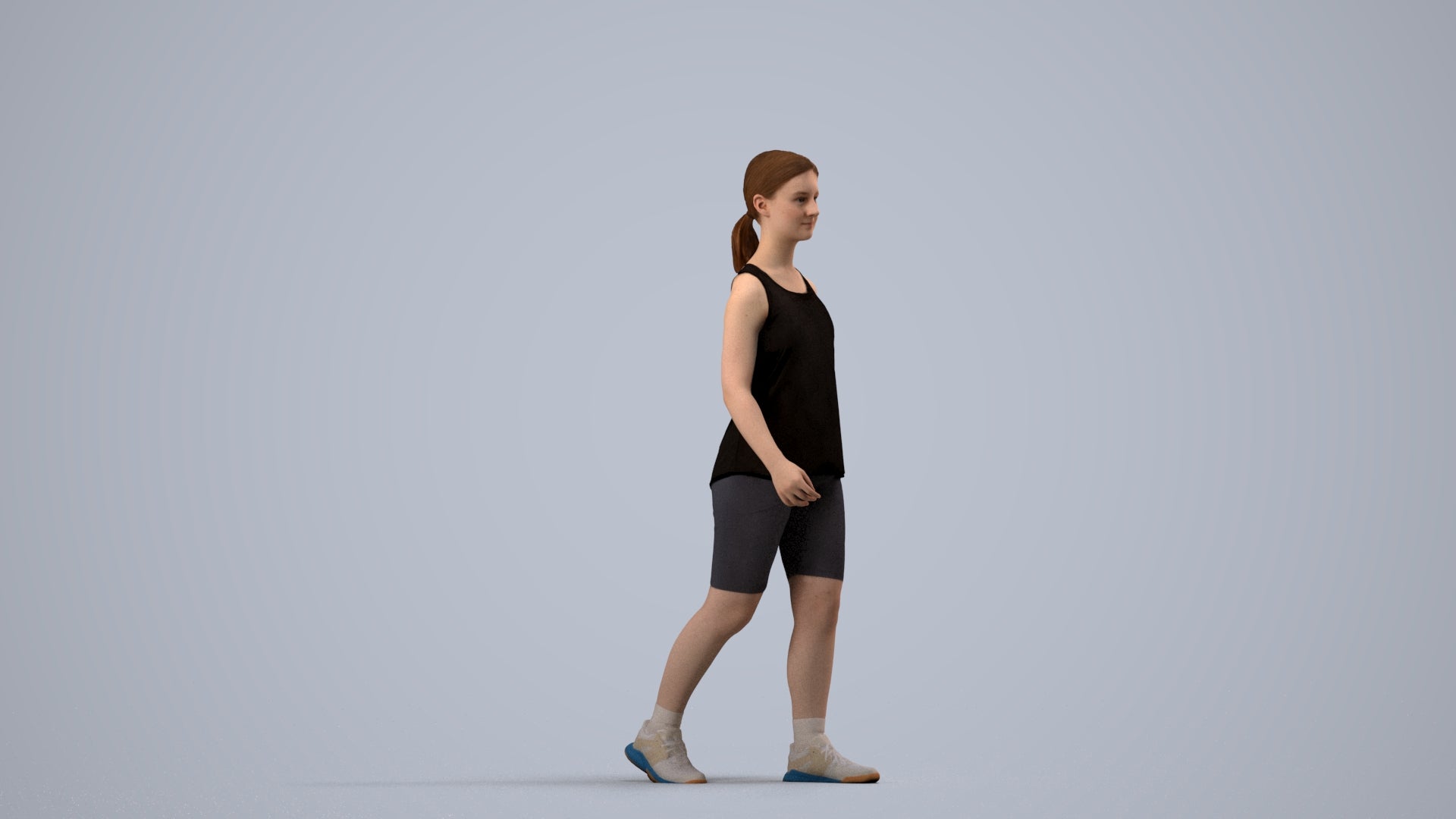 3D scanned girl walking sport, photorealistic archviz people for Enscape and SketchUp, side view render