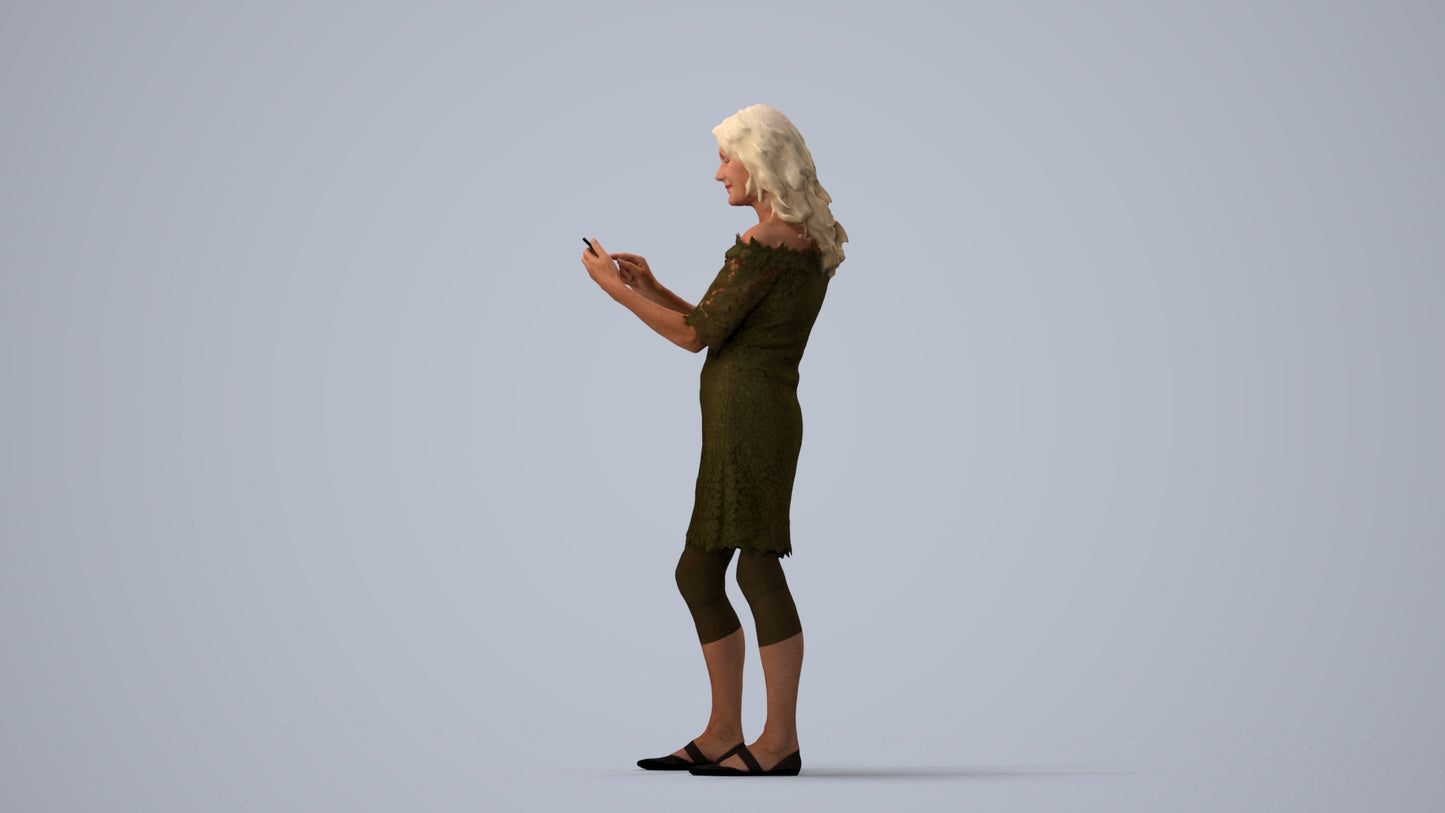 realistic 3D senior woman casual standing, scanned archviz people for Blender and 3ds Max, three-quarter view render
