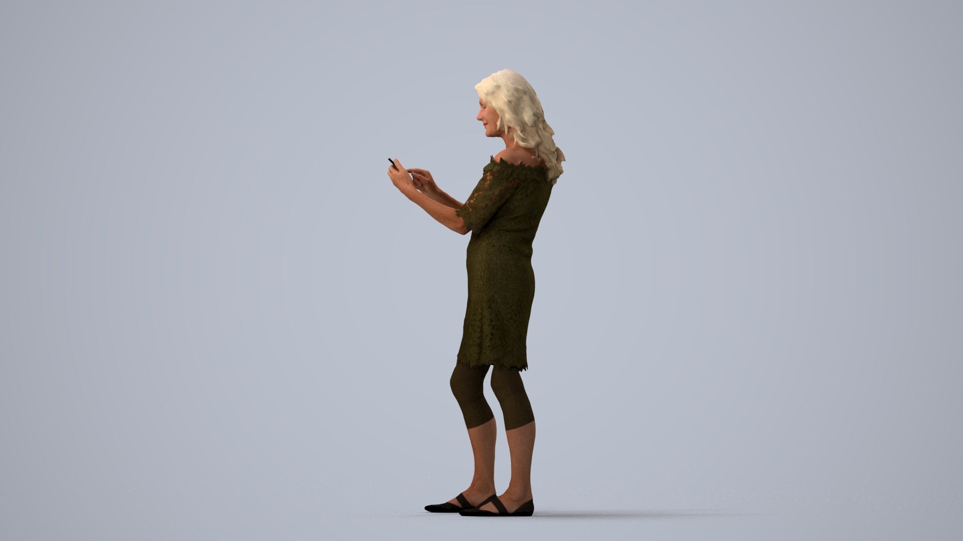 realistic 3D senior woman casual standing, scanned archviz people for Blender and 3ds Max, three-quarter view render