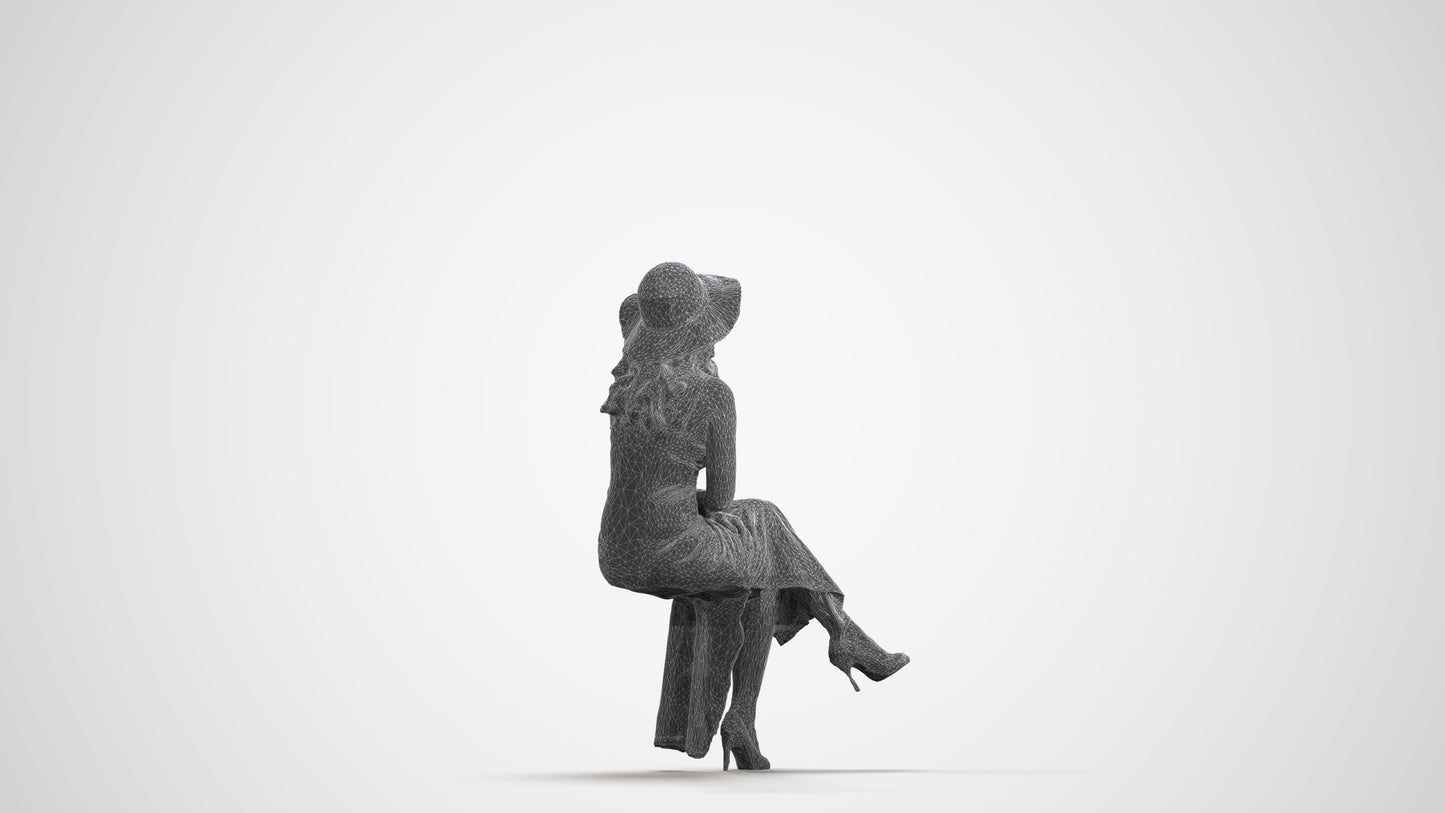 realistic 3D human woman casual sitting, archviz people FBX OBJ for Blender, wireframe front view