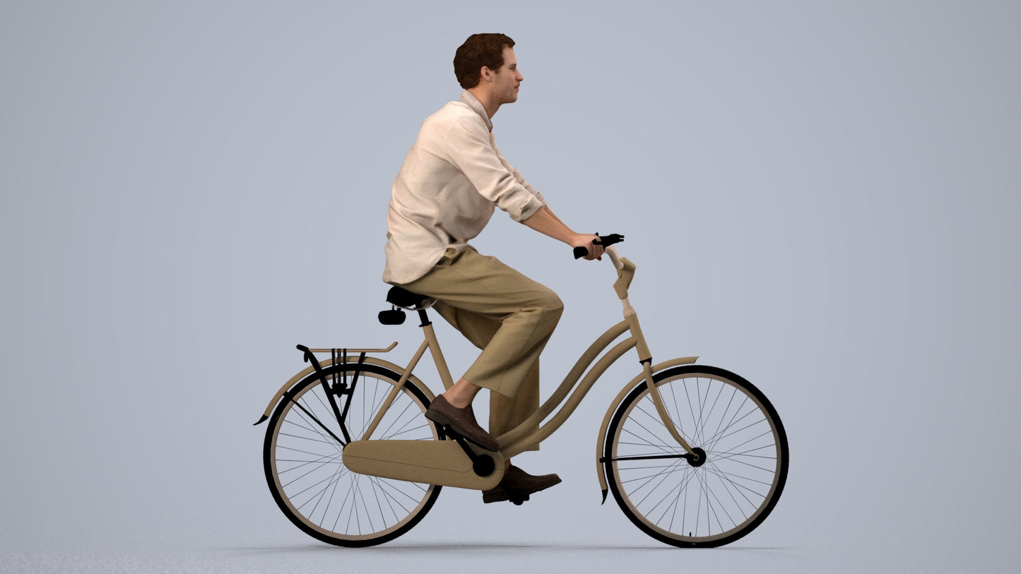 3D scanned man cycling casual, photorealistic archviz people for Enscape and SketchUp, side view render