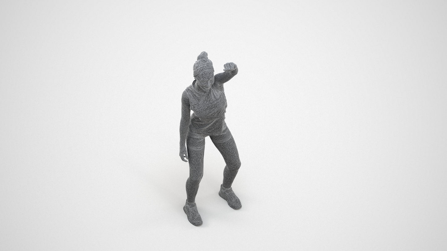 realistic 3D human girl sport, archviz people FBX OBJ for Blender, wireframe three-quarter view