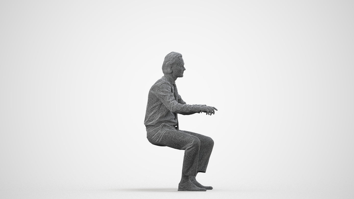 3D human model man business, photogrammetry scanned person for archviz, wireframe side view