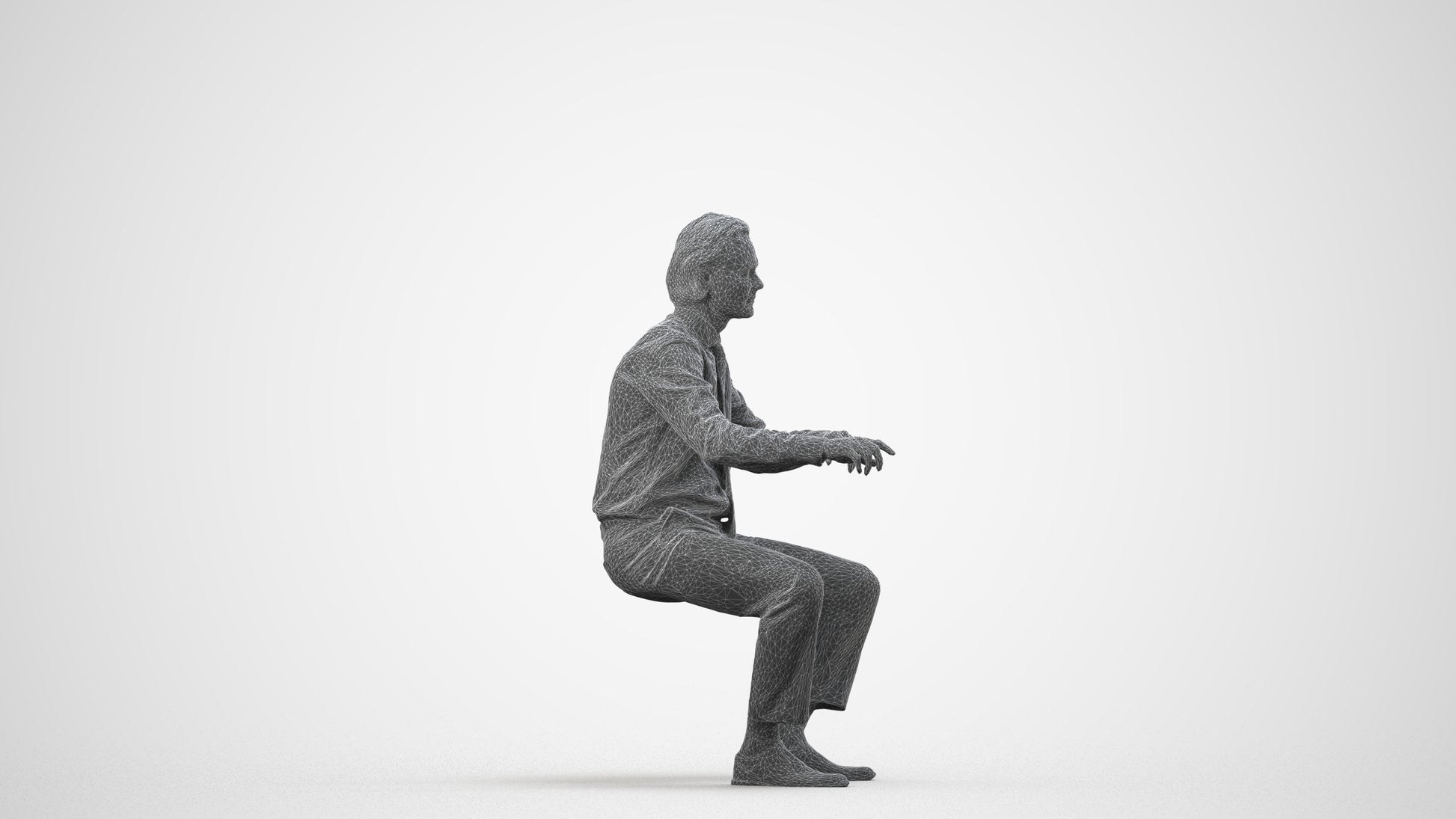 3D human model man business, photogrammetry scanned person for archviz, wireframe side view