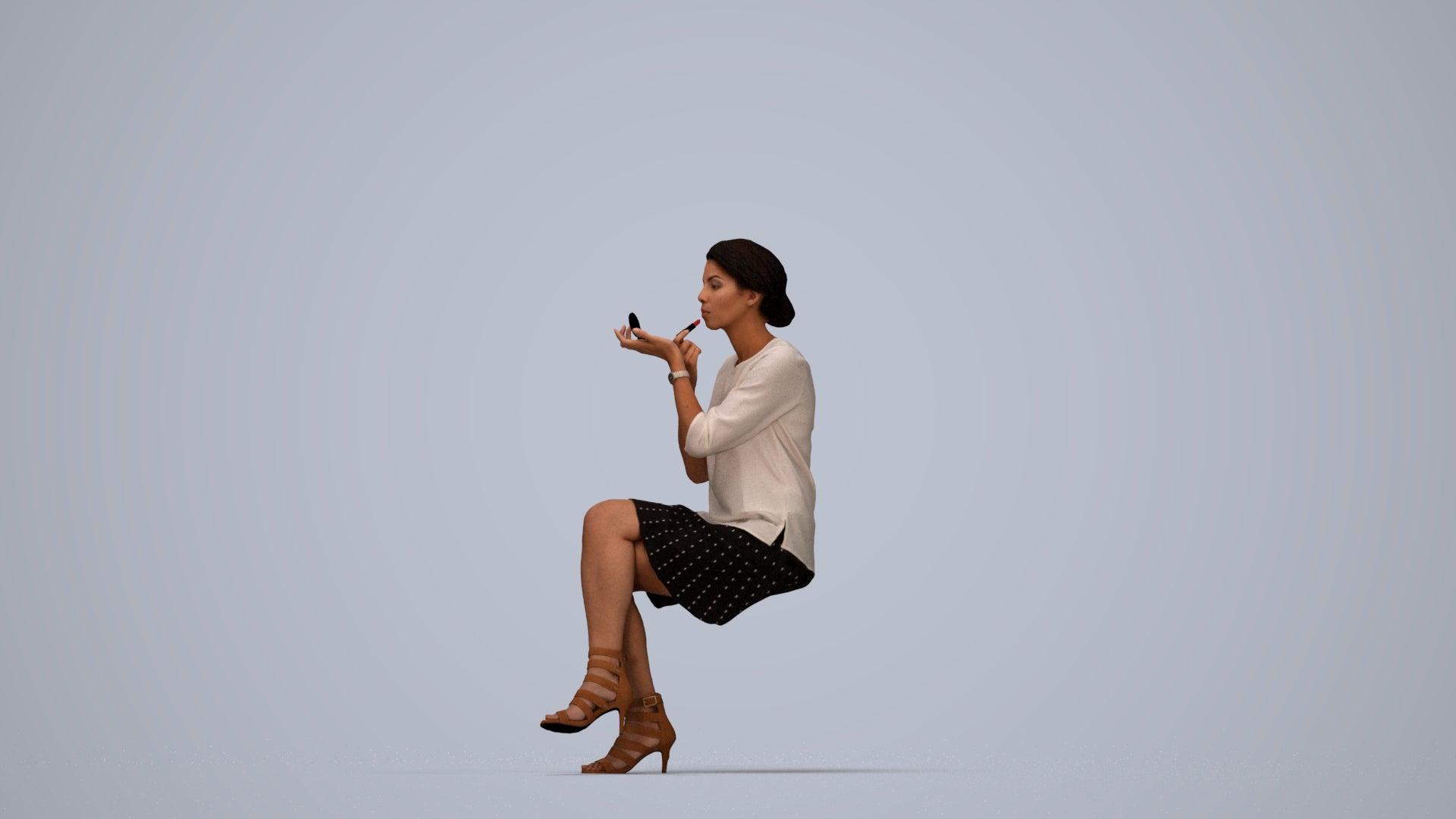 3D people model woman casual sitting, scanned human for 3ds Max rendering, top-down view render
