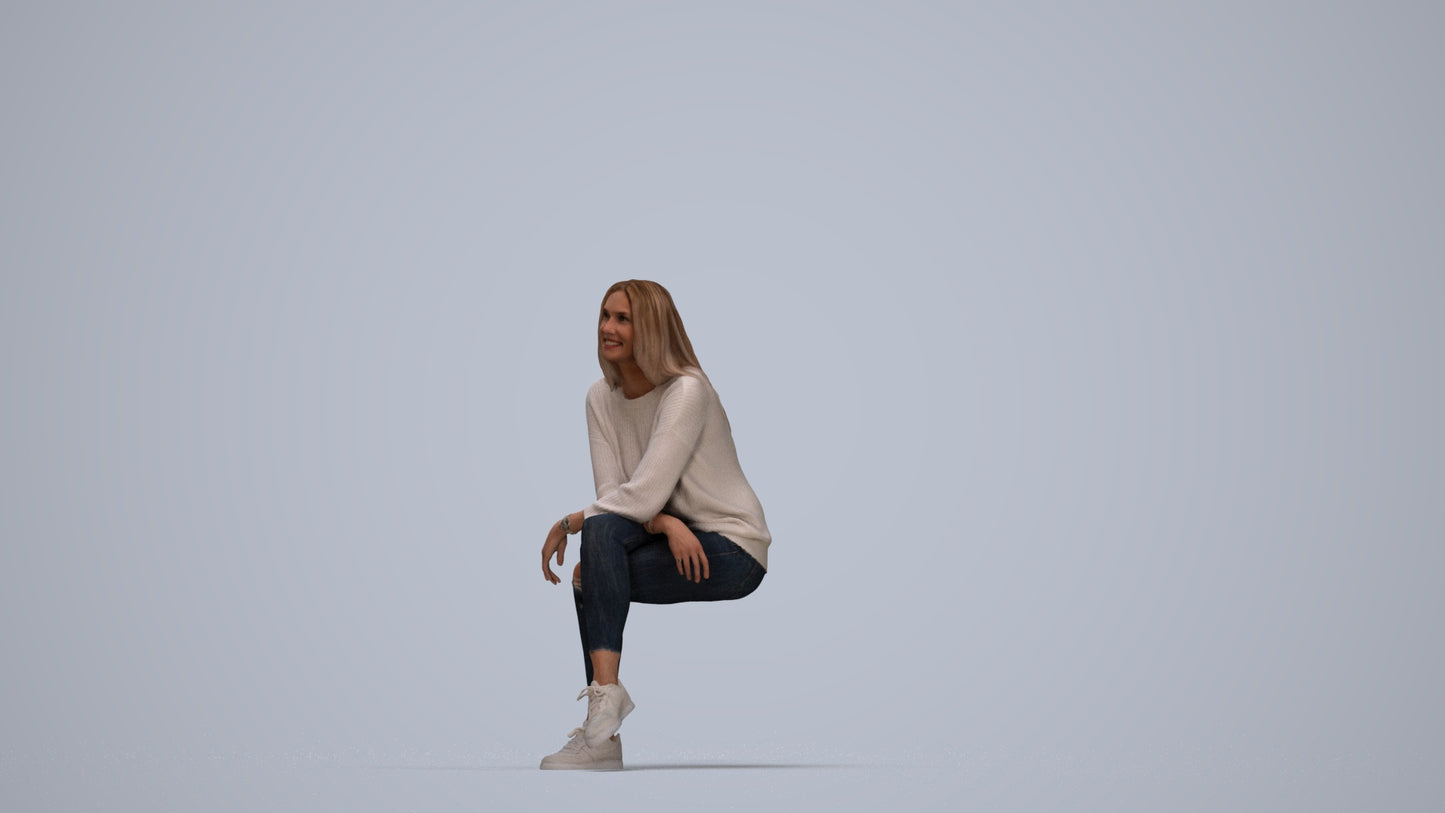 3D people model woman casual sitting, scanned human for 3ds Max rendering, top-down view render