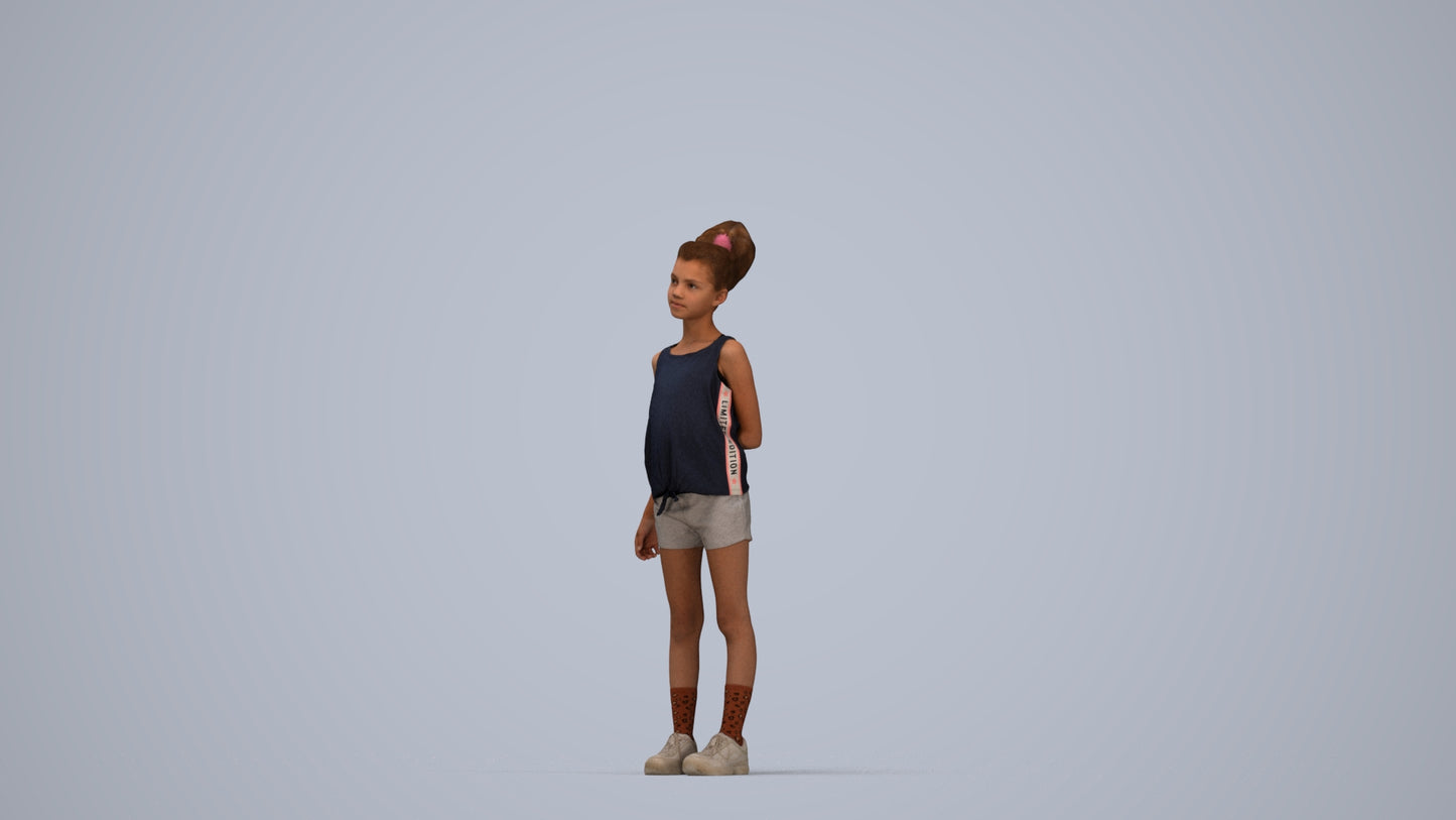 3D human model girl sport kids, photogrammetry scanned person for archviz, top-down view render