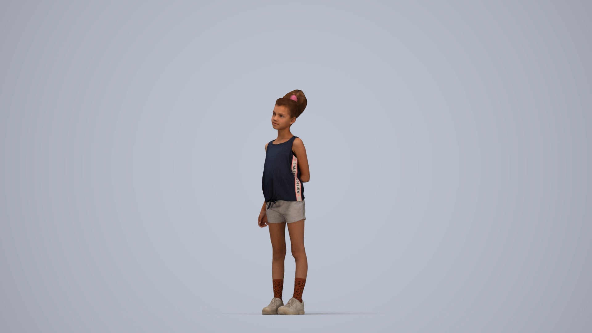 3D human model girl sport kids, photogrammetry scanned person for archviz, top-down view render