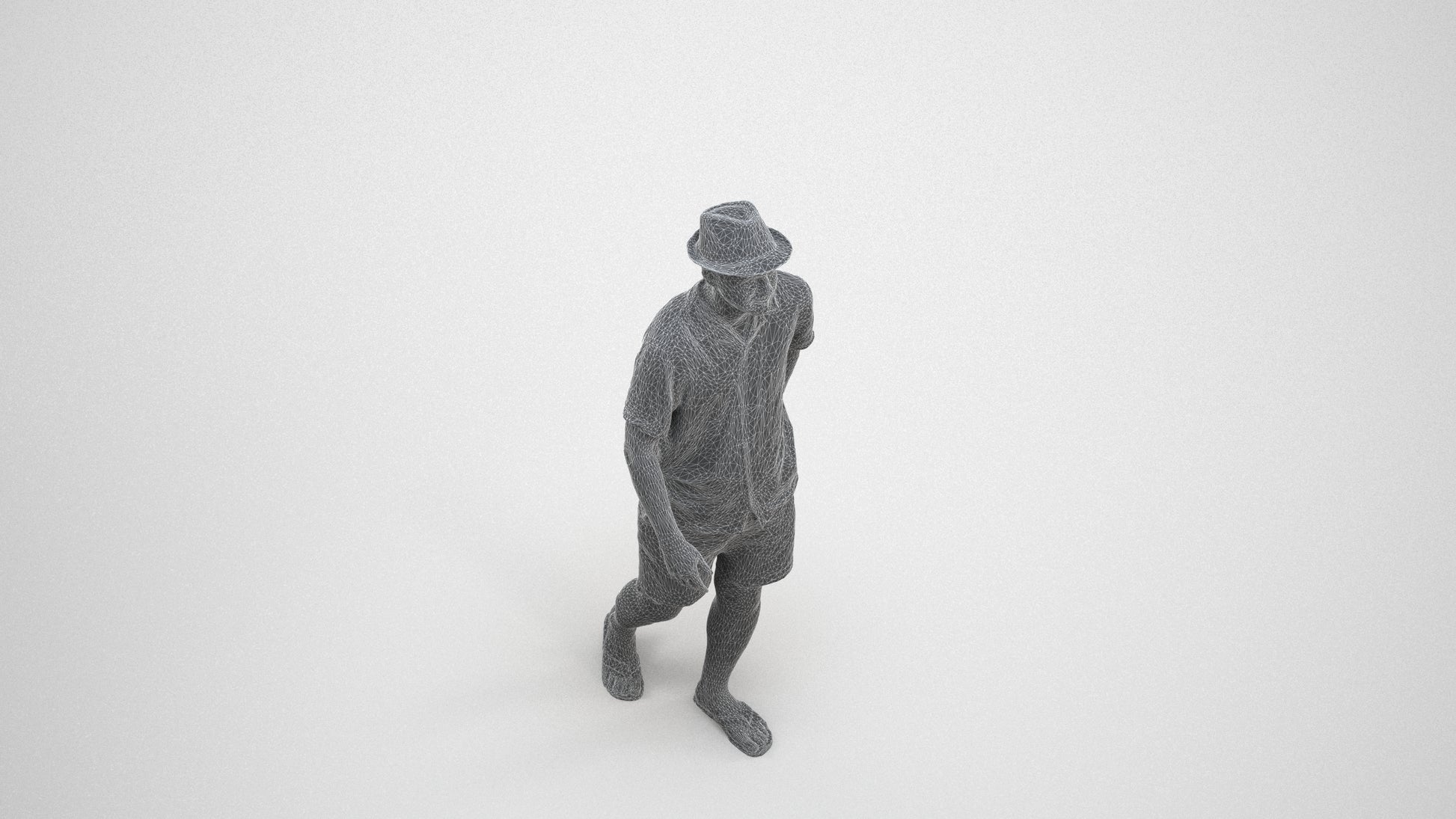 3D human model man walking, photogrammetry scanned person for archviz, wireframe three-quarter view