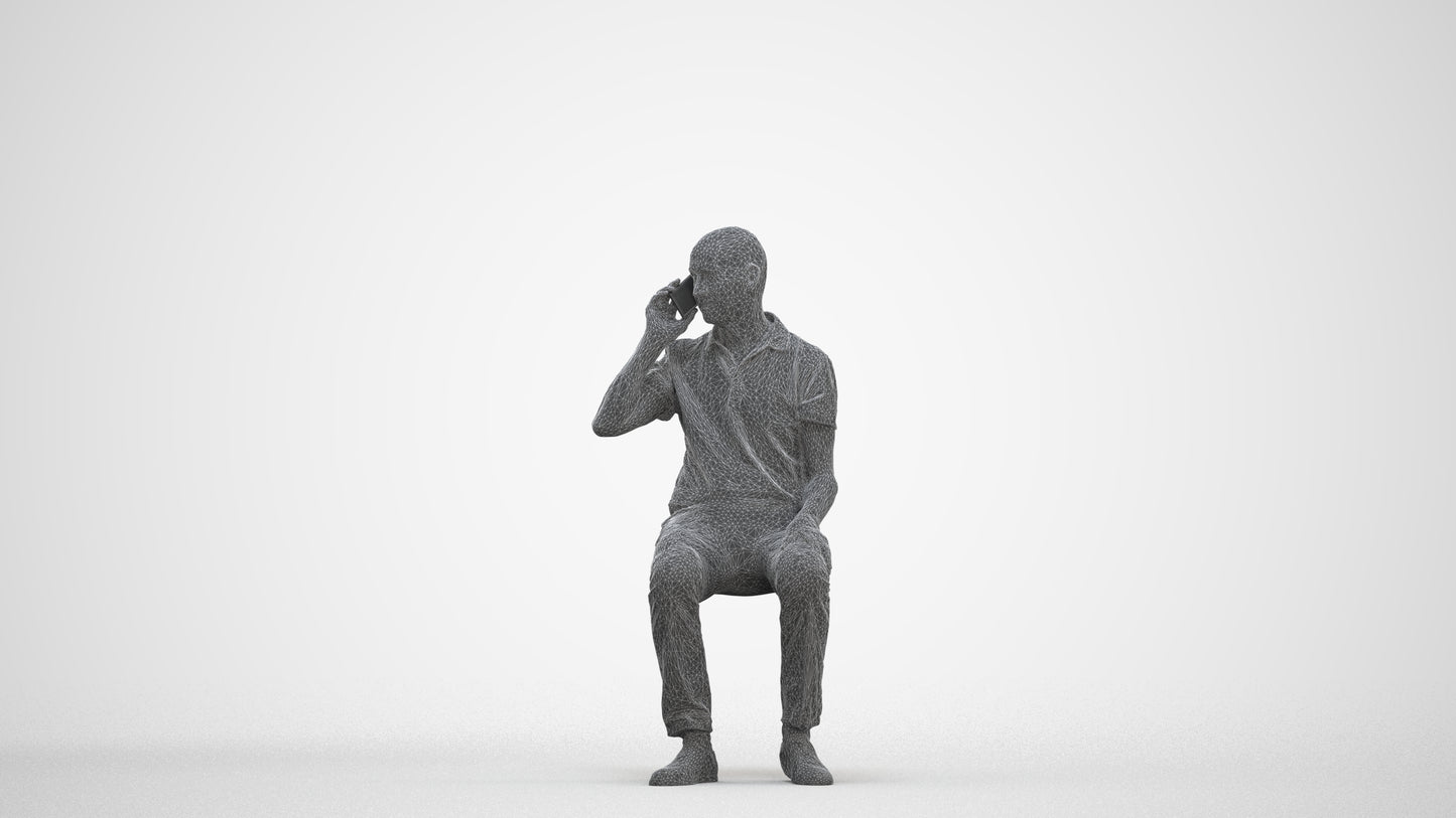 3D scanned senior man sitting casual, photorealistic archviz people for Enscape and SketchUp, three-quarter front view render