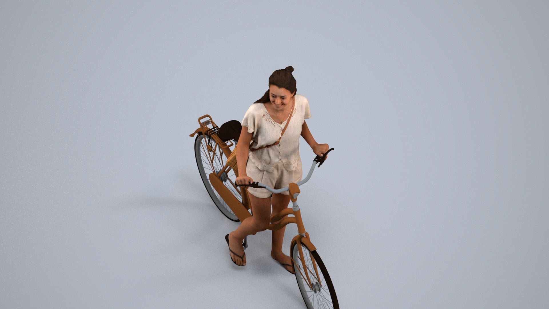 realistic 3D woman casual cycling, scanned archviz people for Blender and 3ds Max, back view render