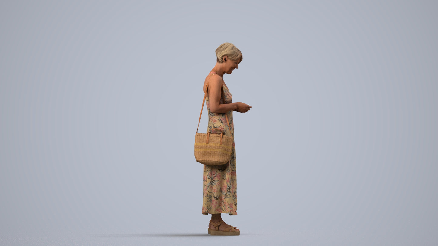photogrammetry 3D senior woman standing, realistic human model archviz FBX, side view render