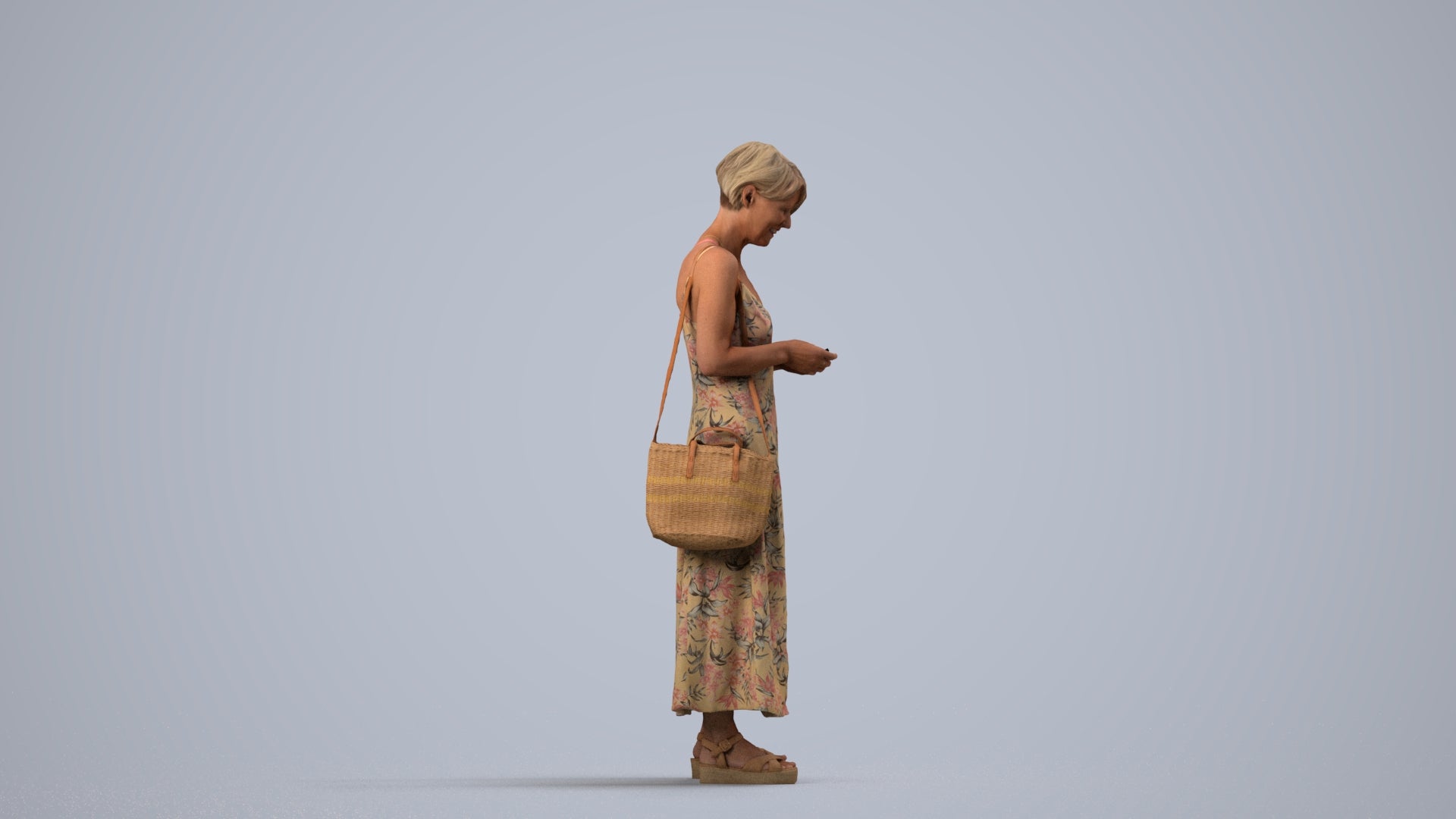 photogrammetry 3D senior woman standing, realistic human model archviz FBX, side view render