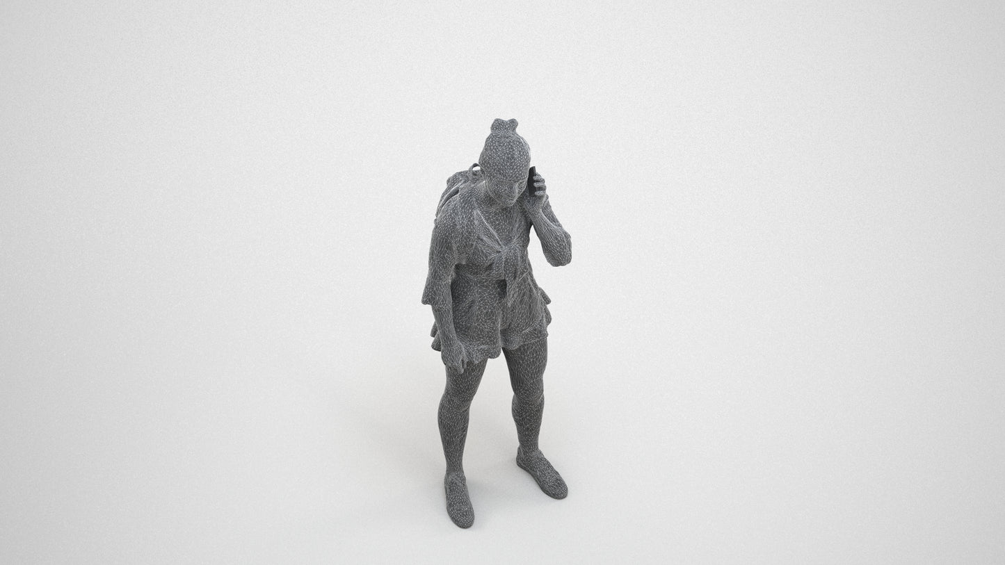 3D scanned girl kids casual, photorealistic archviz people for Enscape and SketchUp, wireframe three-quarter view
