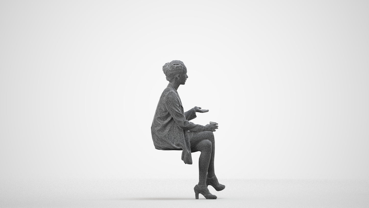 realistic 3D woman business sitting, scanned archviz people for Blender and 3ds Max, wireframe side view