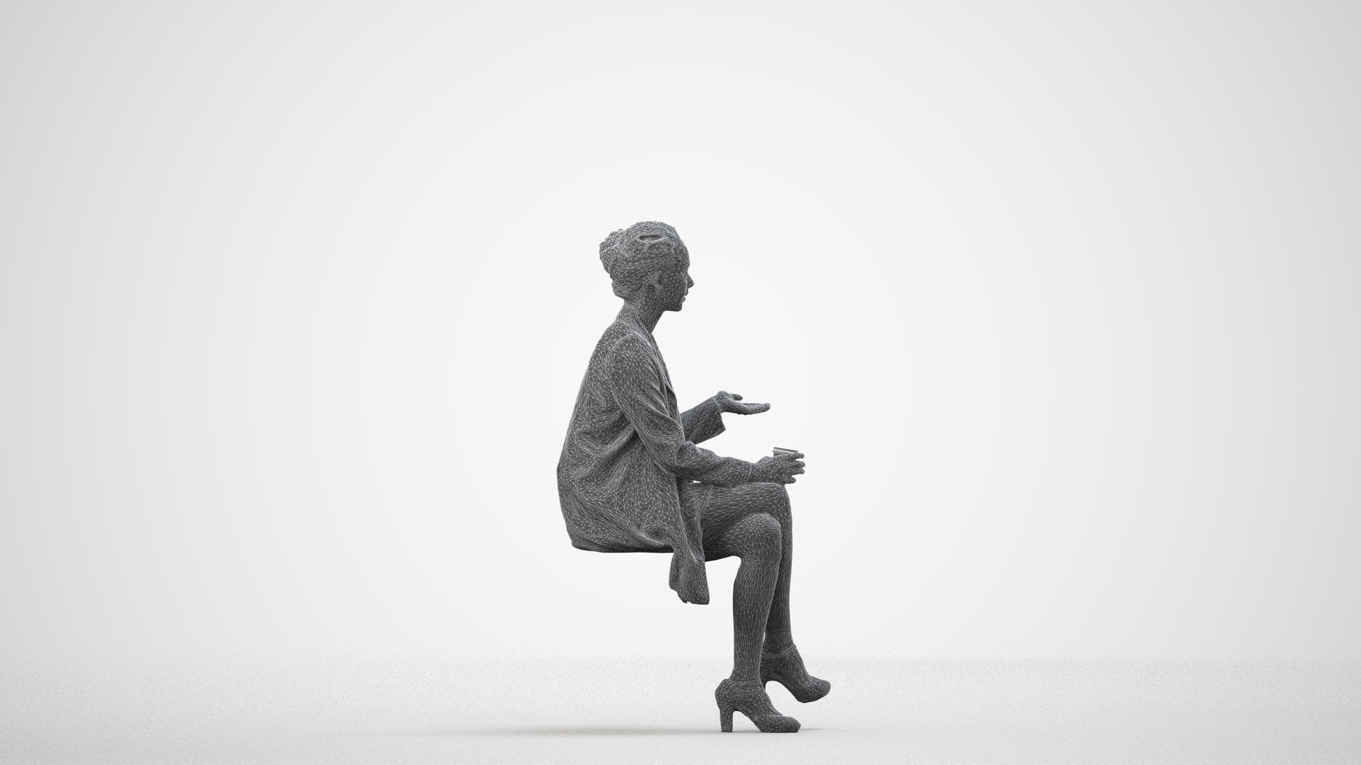 realistic 3D woman business sitting, scanned archviz people for Blender and 3ds Max, wireframe side view