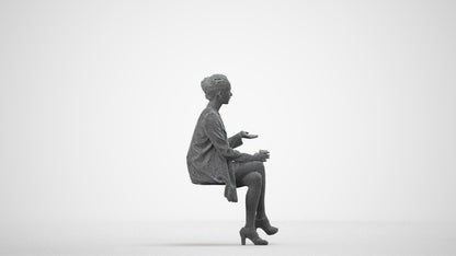 realistic 3D woman business sitting, scanned archviz people for Blender and 3ds Max, wireframe side view