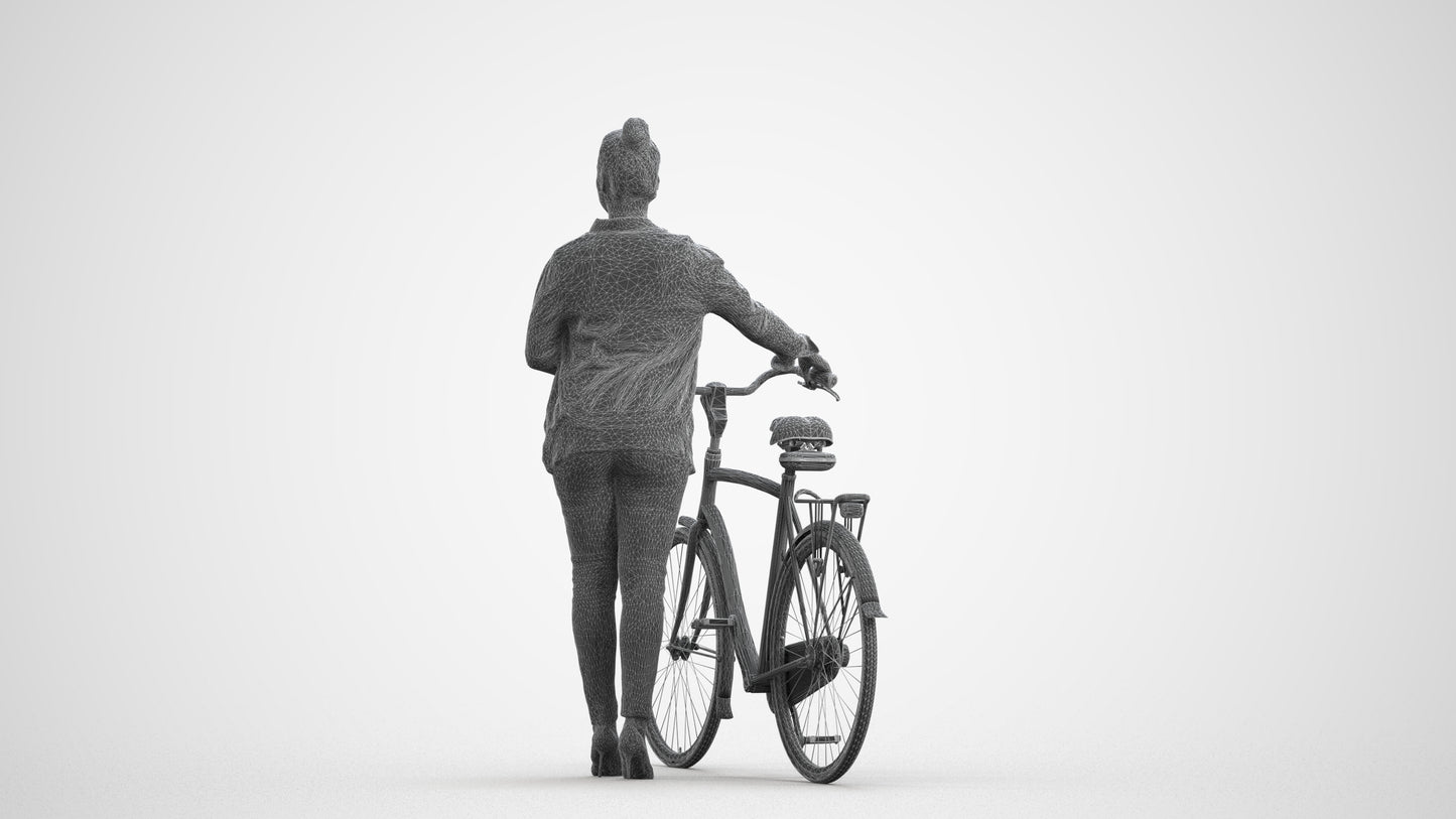 3D people model woman business cycling, scanned human for 3ds Max rendering, wireframe front view