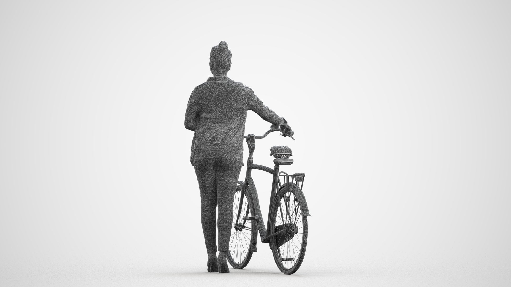 3D people model woman business cycling, scanned human for 3ds Max rendering, wireframe front view