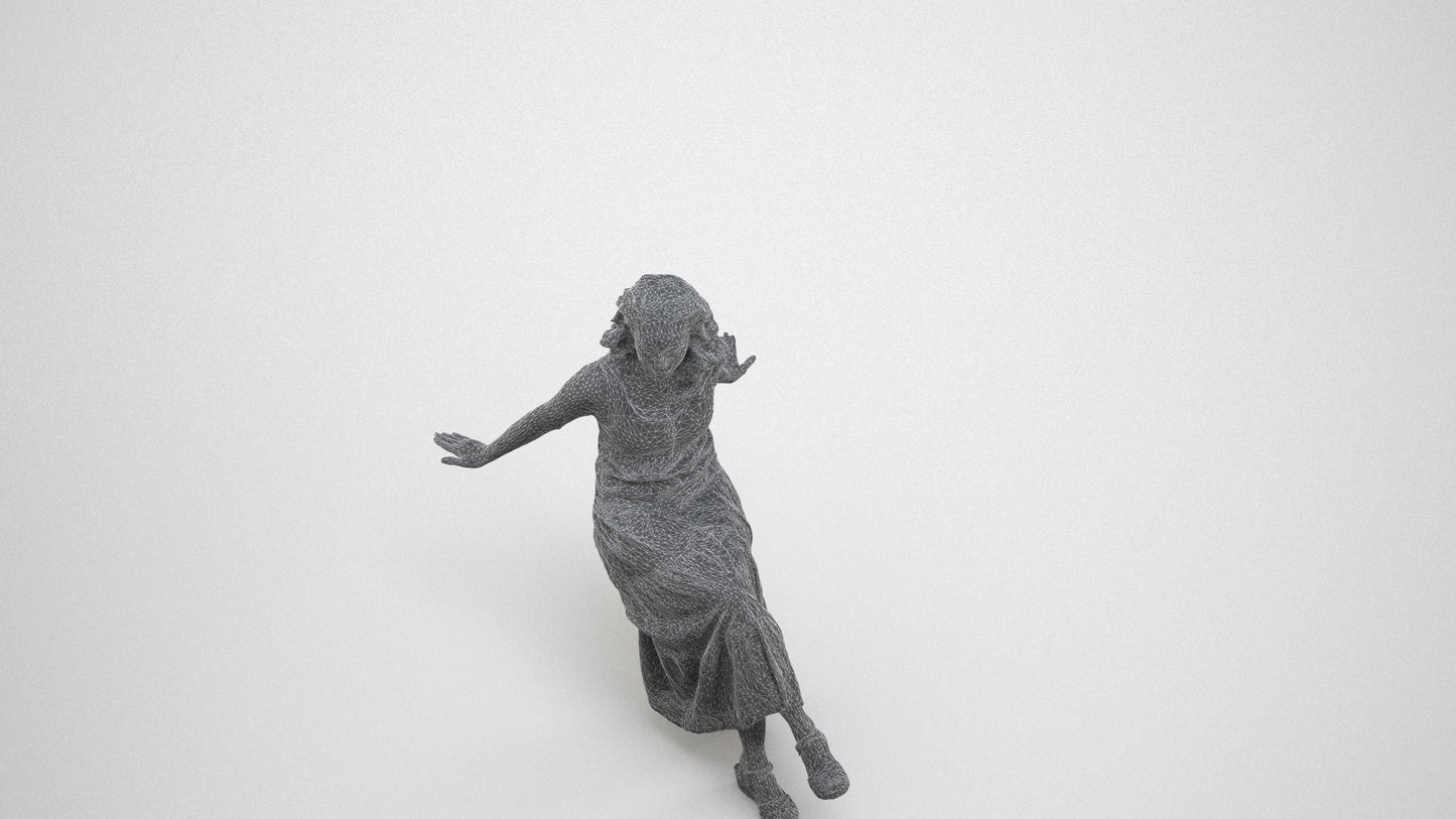 realistic 3D woman casual sitting, scanned archviz people for Blender and 3ds Max, wireframe three-quarter view