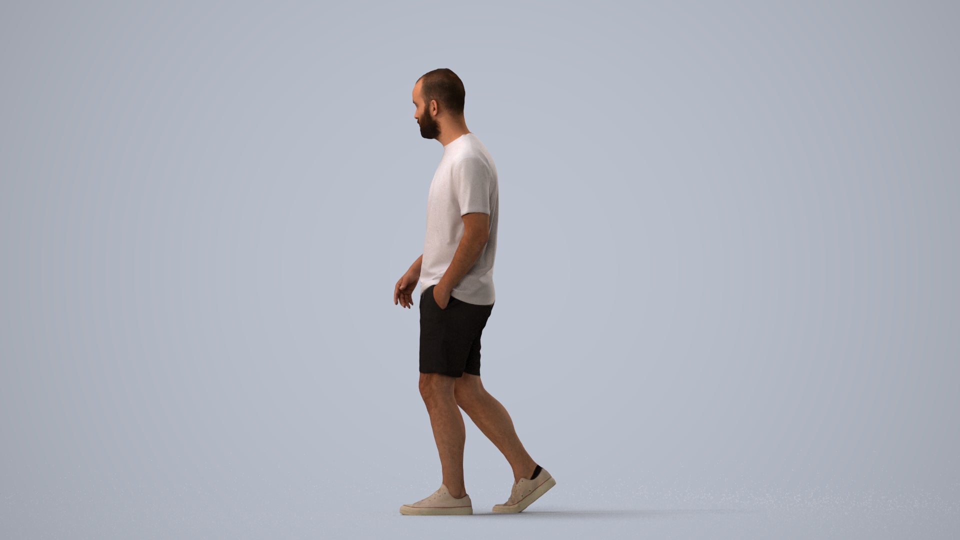 3D scanned man walking casual, photorealistic archviz people for Enscape and SketchUp, three-quarter view render