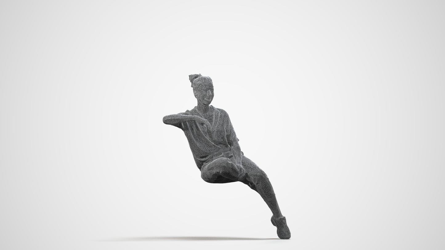 3D scanned woman sitting casual, photorealistic archviz people for Enscape and SketchUp, wireframe side view