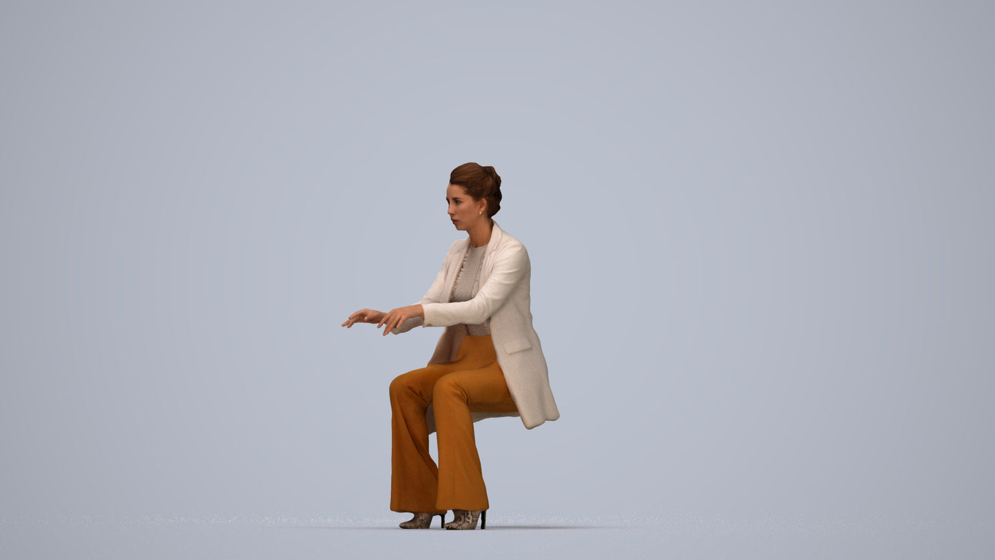 realistic 3D woman business sitting, scanned archviz people for Blender and 3ds Max, top-down view render