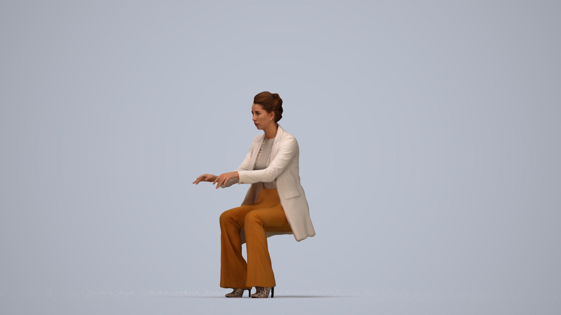 realistic 3D woman business sitting, scanned archviz people for Blender and 3ds Max, top-down view render