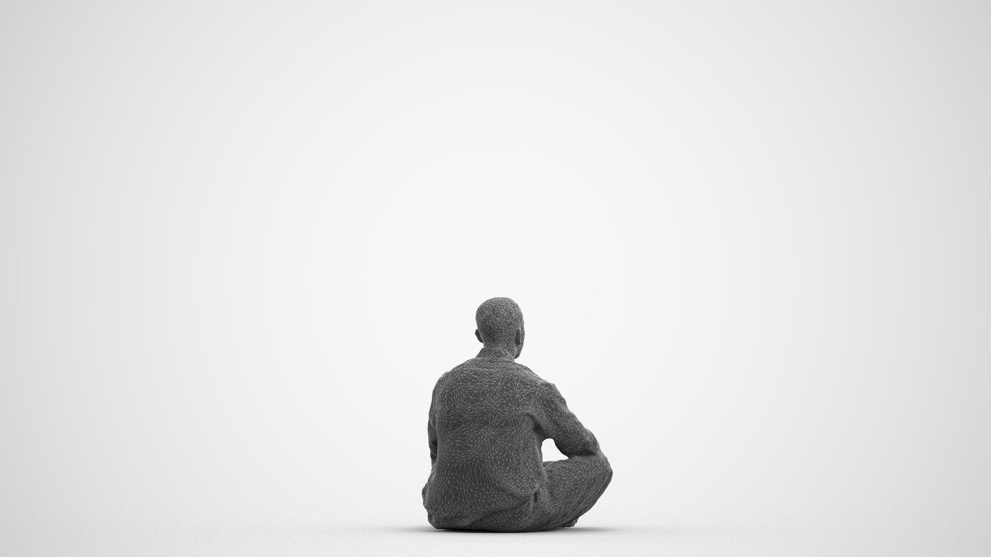 photogrammetry 3D man sitting, realistic human model archviz FBX, wireframe front view