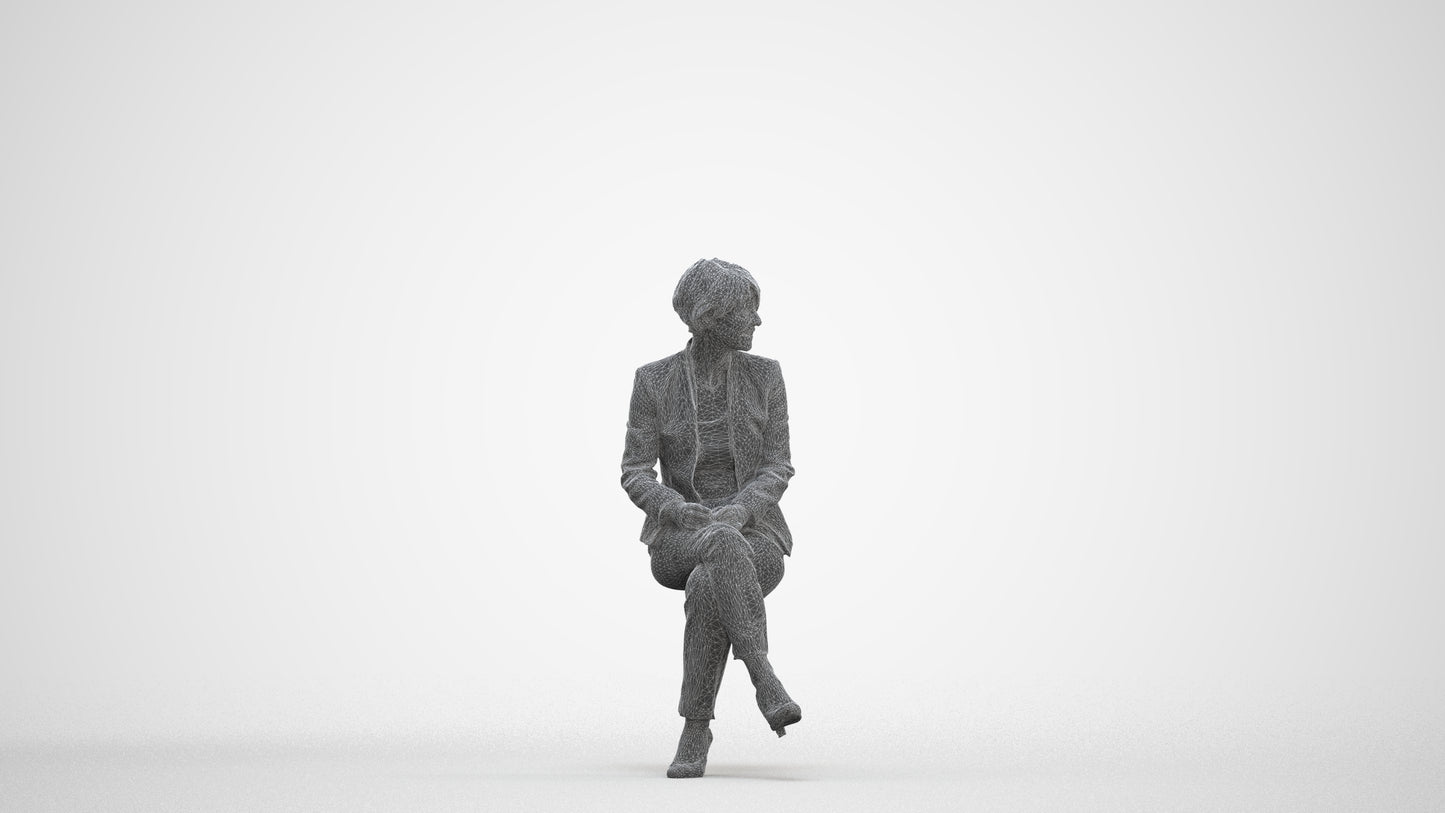 realistic 3D human senior woman business sitting, archviz people FBX OBJ for Blender, three-quarter front view render