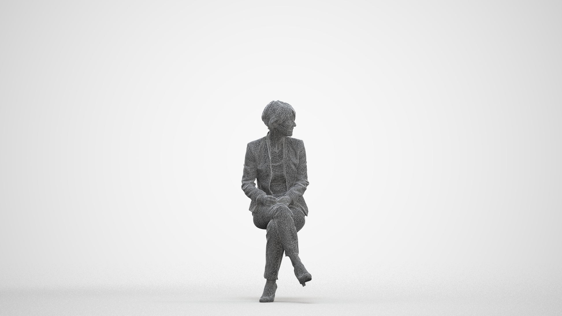 realistic 3D human senior woman business sitting, archviz people FBX OBJ for Blender, three-quarter front view render
