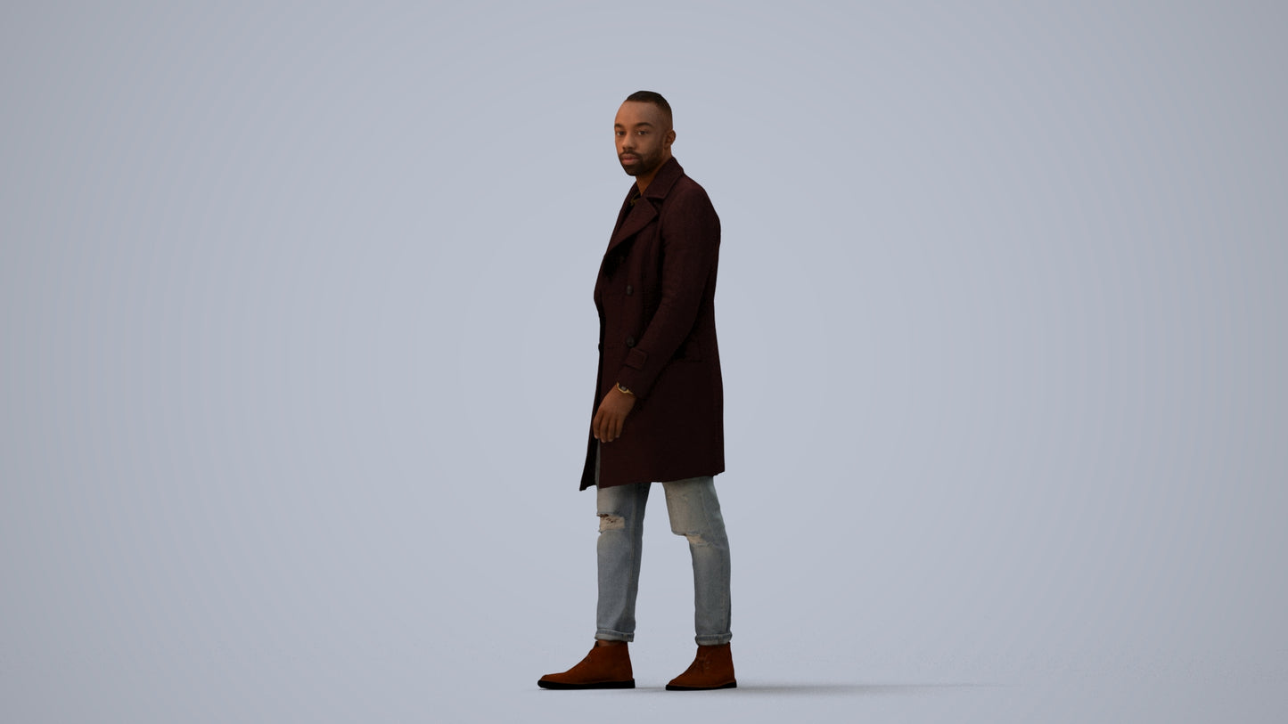 3D people model man casual walking, scanned human for 3ds Max rendering, three-quarter view render