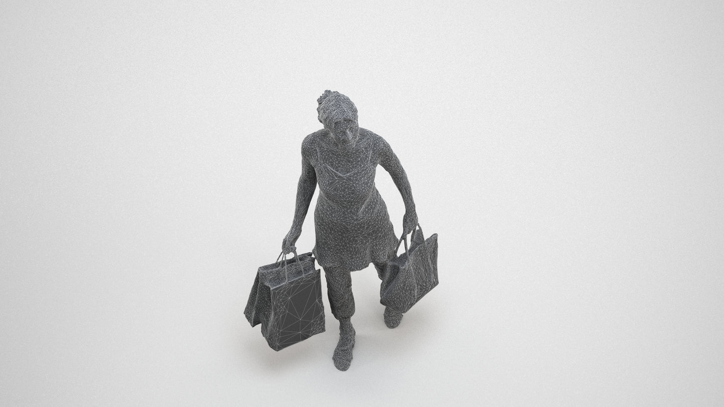 3D human model senior woman casual shopping, photogrammetry scanned person for archviz, wireframe three-quarter view