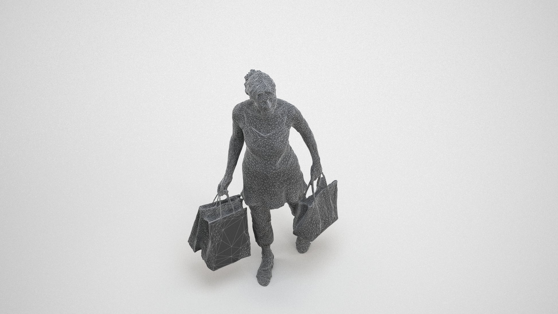 3D human model senior woman casual shopping, photogrammetry scanned person for archviz, wireframe three-quarter view