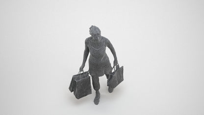 3D human model senior woman casual shopping, photogrammetry scanned person for archviz, wireframe three-quarter view
