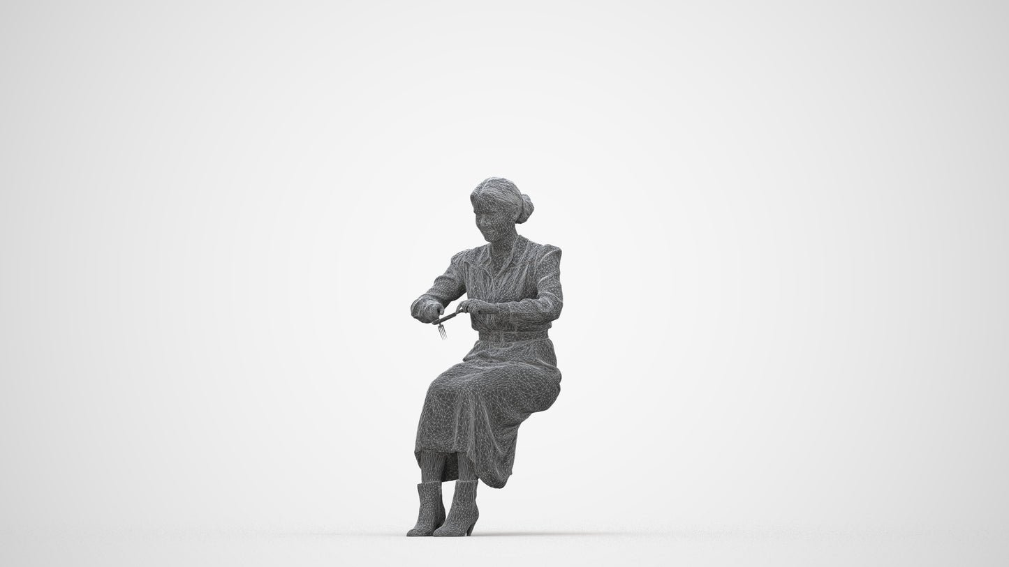 3D human model woman casual sitting, photogrammetry scanned person for archviz, wireframe back view