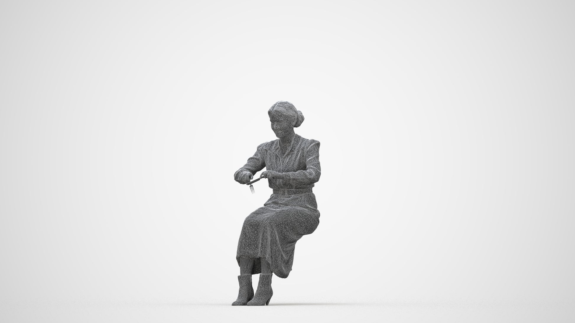 3D human model woman casual sitting, photogrammetry scanned person for archviz, wireframe back view