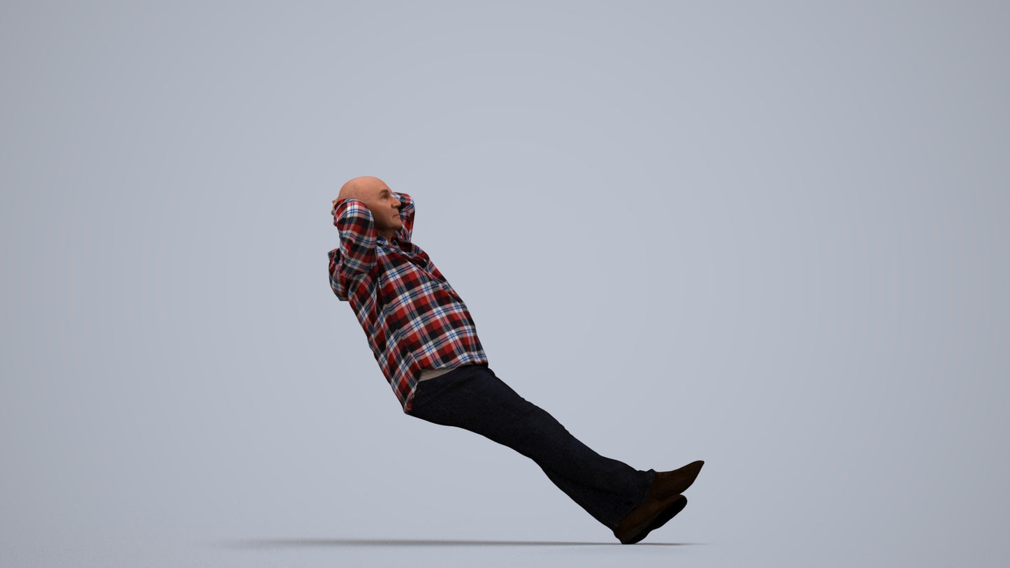 3D human model senior man casual sitting, photogrammetry scanned person for archviz, side view render