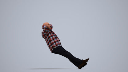 3D human model senior man casual sitting, photogrammetry scanned person for archviz, side view render