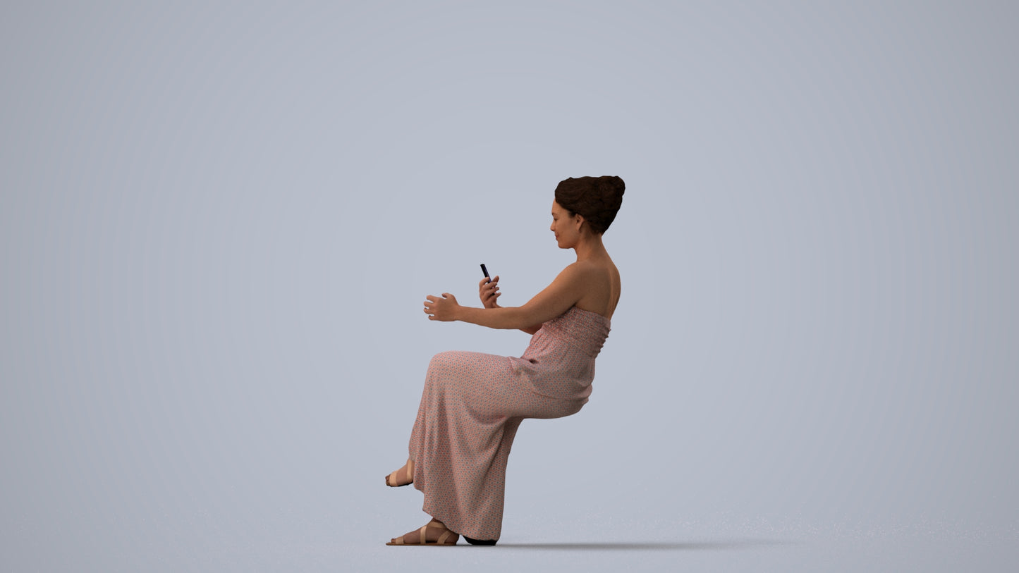 realistic 3D human woman casual sitting, archviz people FBX OBJ for Blender, three-quarter view render