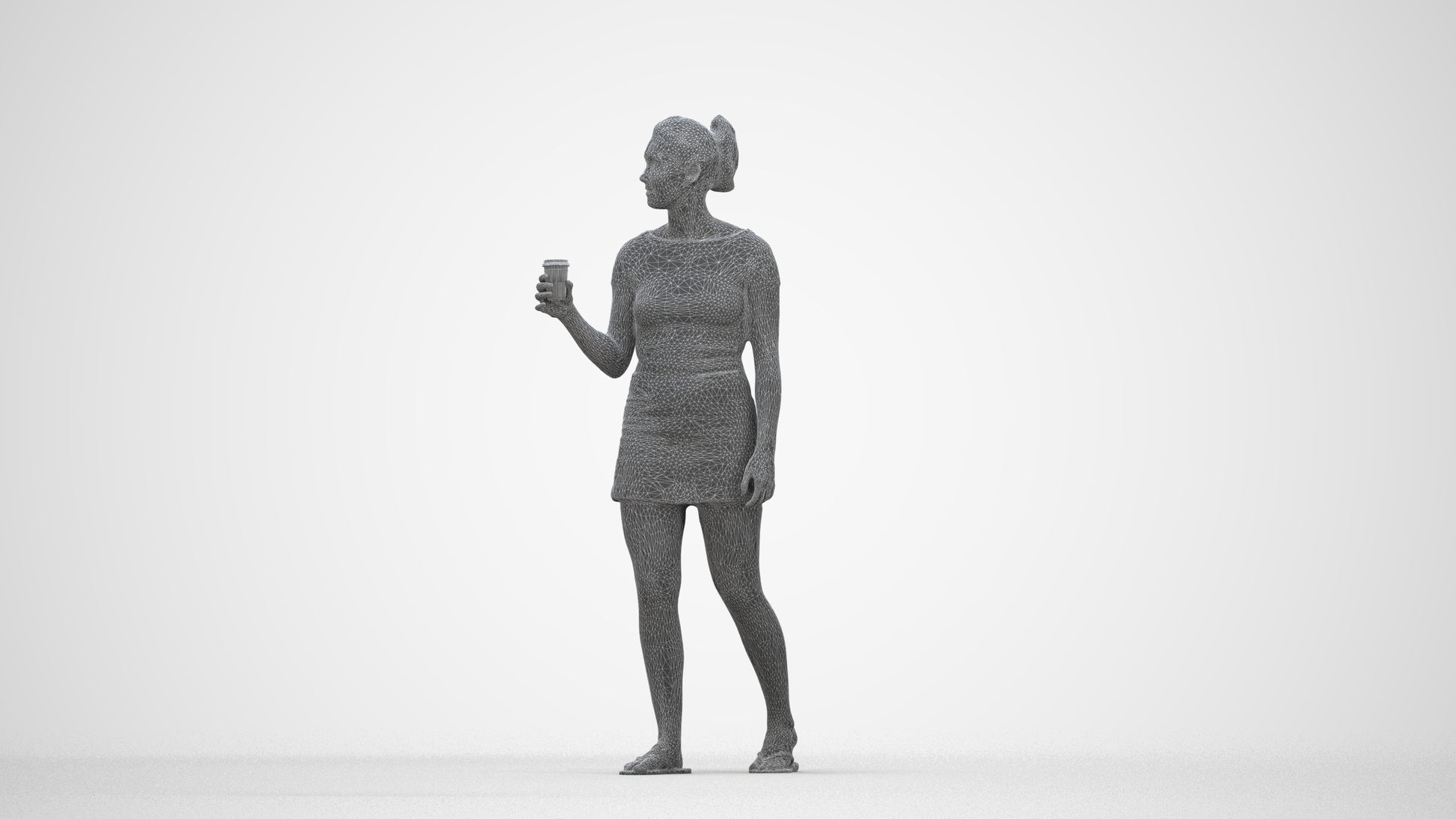 realistic 3D woman casual walking, scanned archviz people for Blender and 3ds Max, wireframe back view