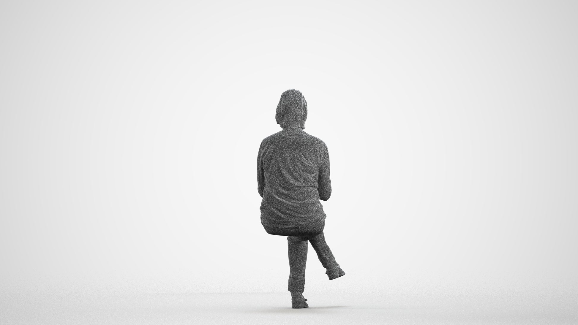 3D people model woman casual sitting, scanned human for 3ds Max rendering, wireframe front view