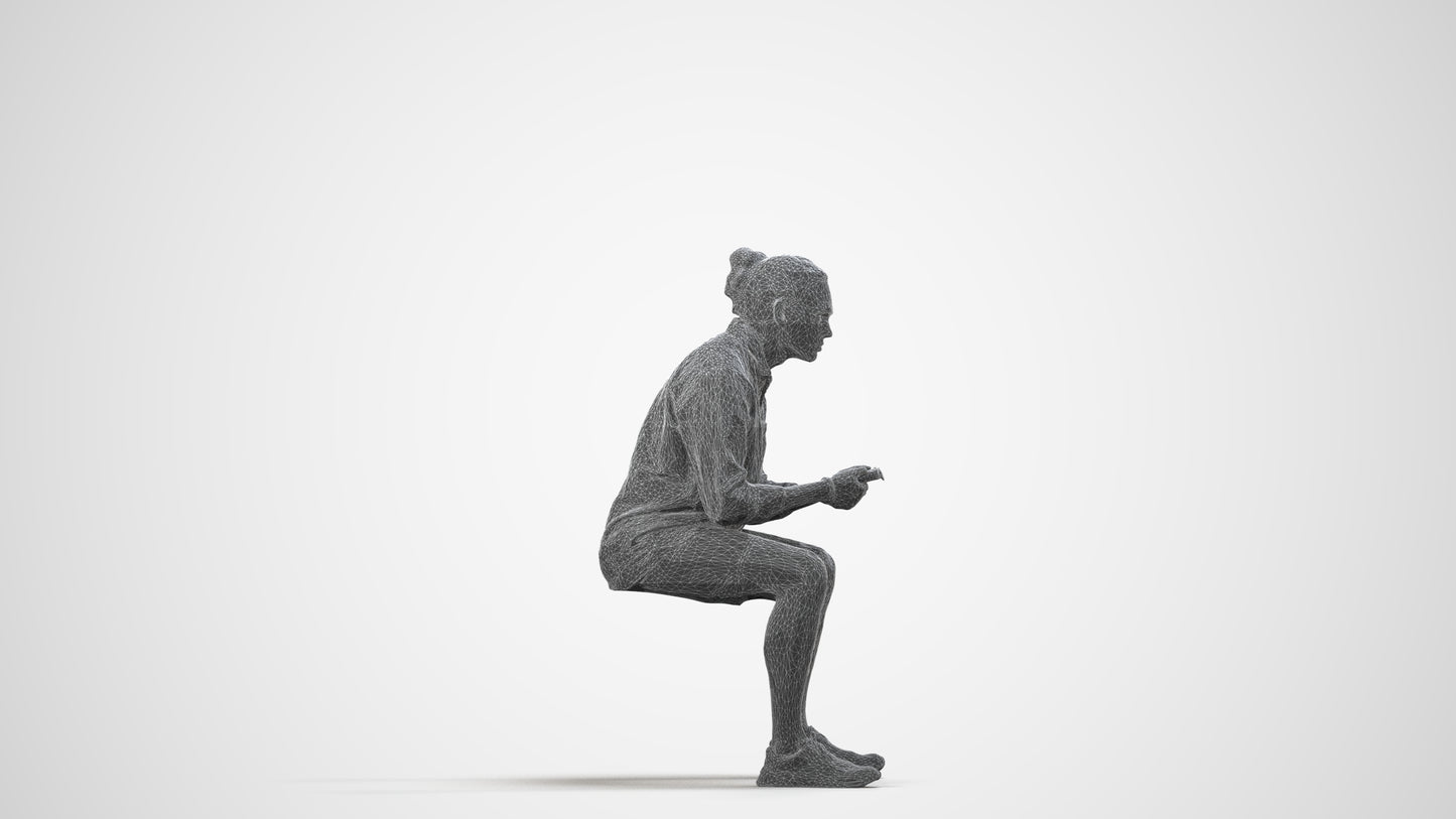 photogrammetry 3D man casual sitting, realistic human model archviz FBX, wireframe side view