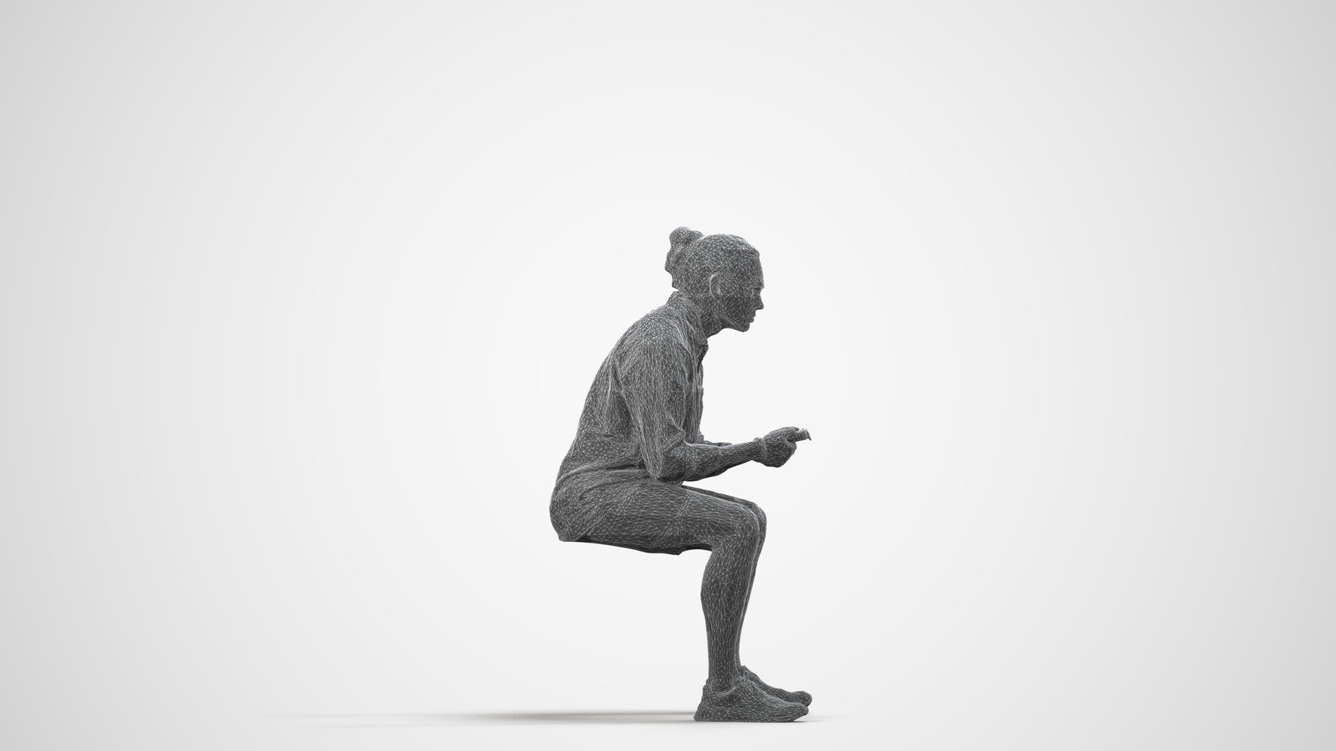 photogrammetry 3D man casual sitting, realistic human model archviz FBX, wireframe side view
